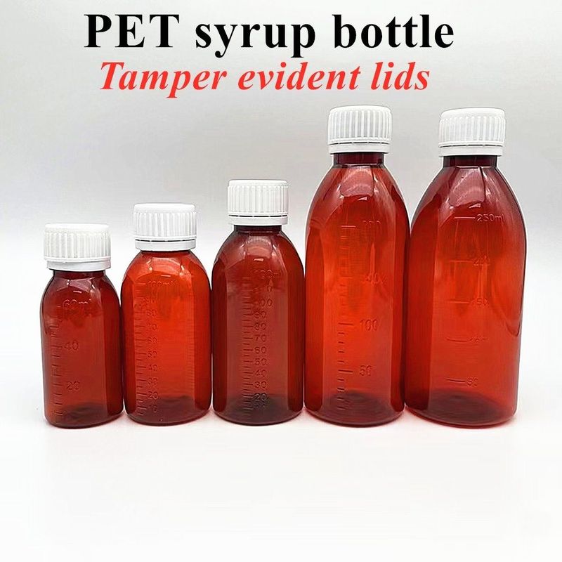 100 میلی لیتر 120 میلی لیتر 150 میلی لیتر DIN28 پلاستیک PET قهوه ای بطری مایع خوراکی آبنبات داروی سیب سرفه بطری برای کاپ Ropp
