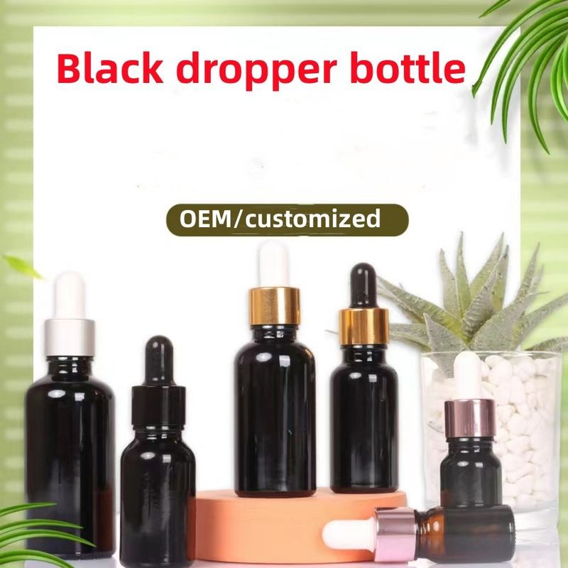 عمده فروشی ارزان 5ml 10ml 15ml 20ml 30ml 50ml بطری های خالی شیشه ای سیاه رنگ روغن ضروری با قطره کش
