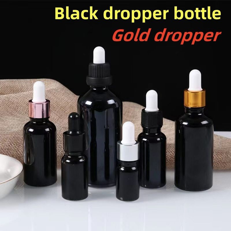 5ml 10ml 15ml 20ml سرم روغن ضروری شانه صاف گرد بطری روغن ضروری درخشان شیشه ای سیاه بطری قطره کش