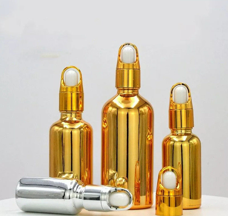 کیفیت بالا لوازم آرایشی لوکس بسته بندی 10ml 20ml 30ml 50ml الکتروپلاستی طلا روغن های ضروری سرم شیشه قطره کش بطری