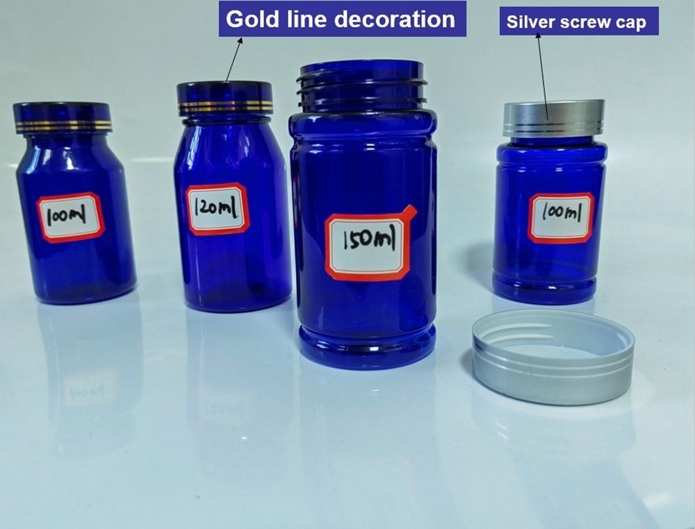 بطری پلاستیکی 100 سی سی 120 سی سی برای قرص ها کپسول های شفاف آبی PET قابل پر کردن مجدد پلاستیک پودر جامد
