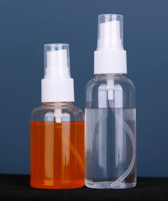 بطری اسپری پلاستیکی PET کوچک شکل گرد 60ML 100ML بطری اسپری پلاستیکی PET شفاف 50ml بطری اسپری ضدعفونی کننده دست